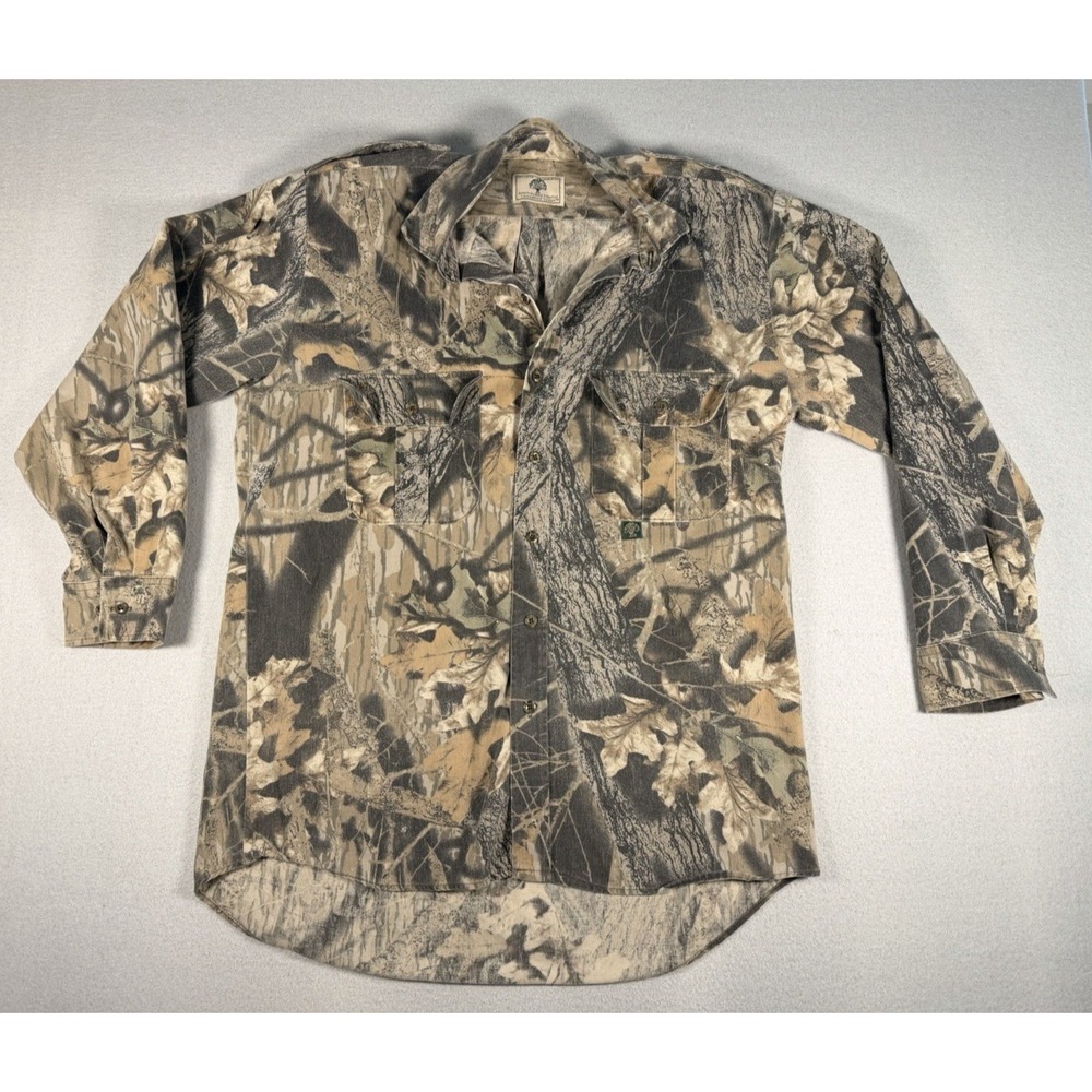 Mens VTG Mossy Oak Shirt Mens LARGE? Brown Camo Chamois Flannel Button Up READ